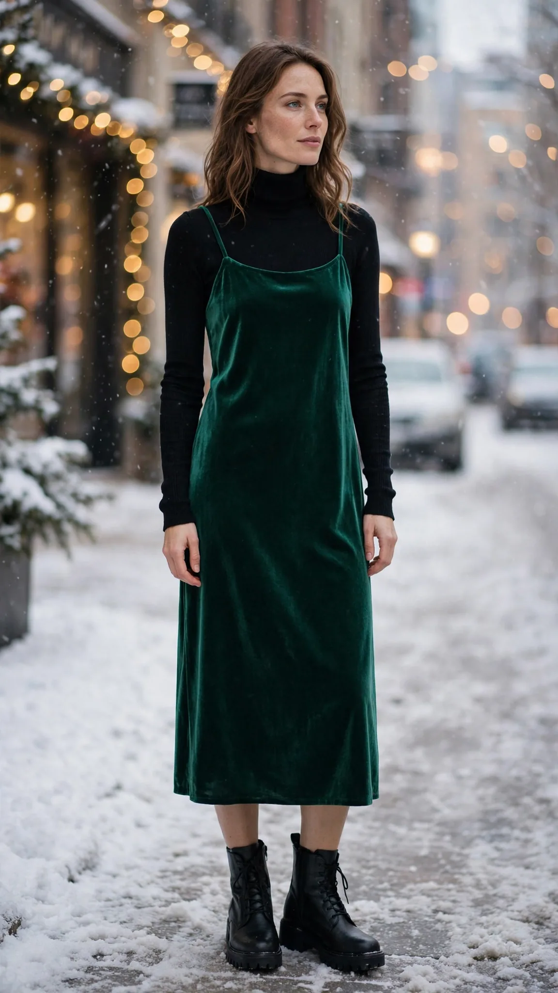2. Emerald Slip Dress Over a Black Turtleneck