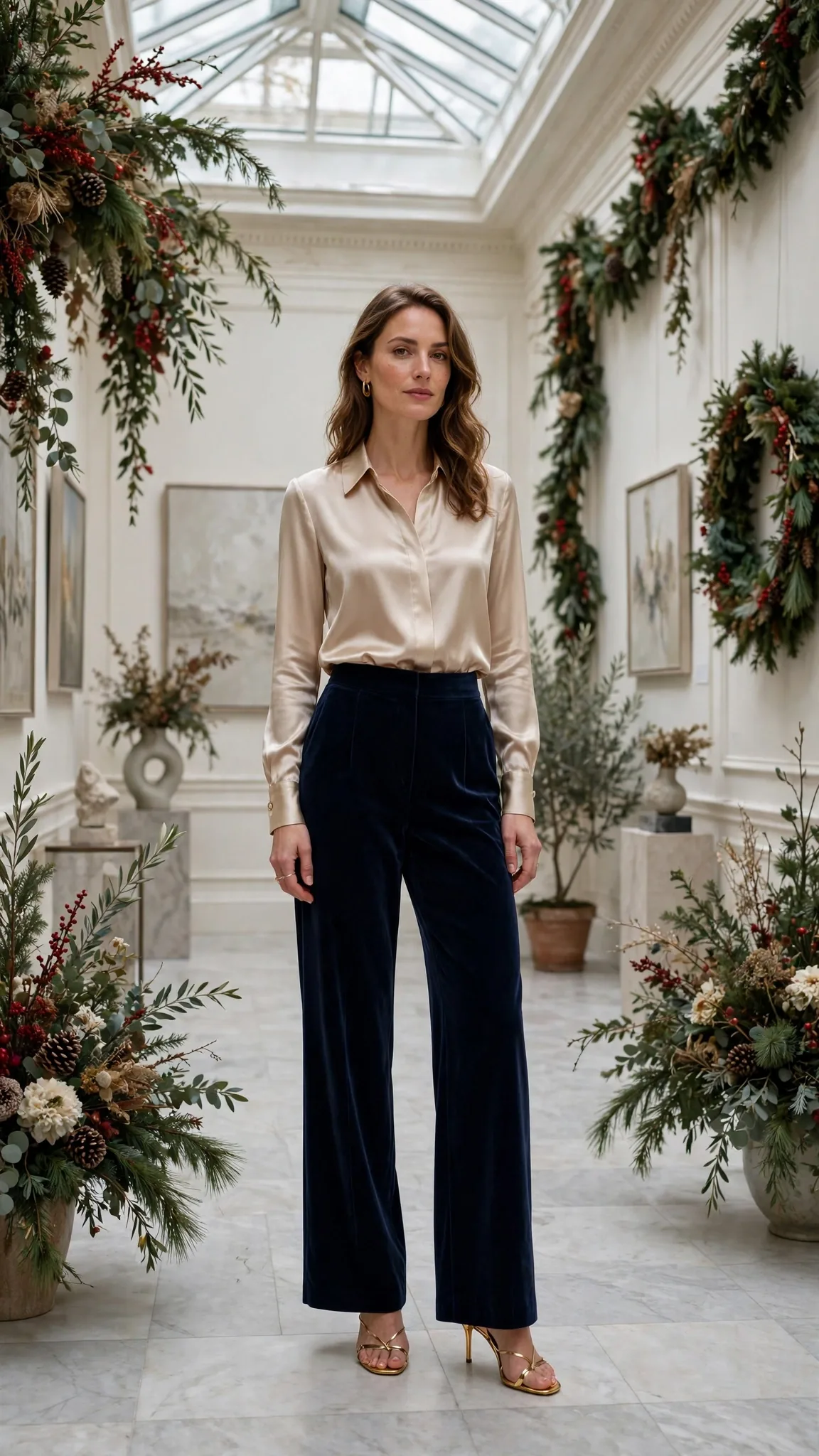 4. Navy Velvet Wide-Leg Trousers With a Satin Blouse