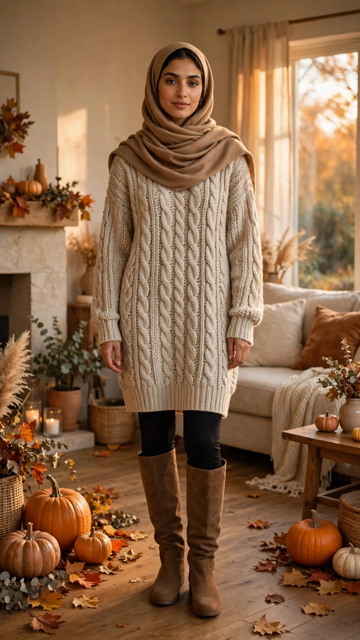 Friendsgiving Outfit Ideas – 1. Chunky Knit Sweater Dress + Knee-High Boots + Wool Hijab