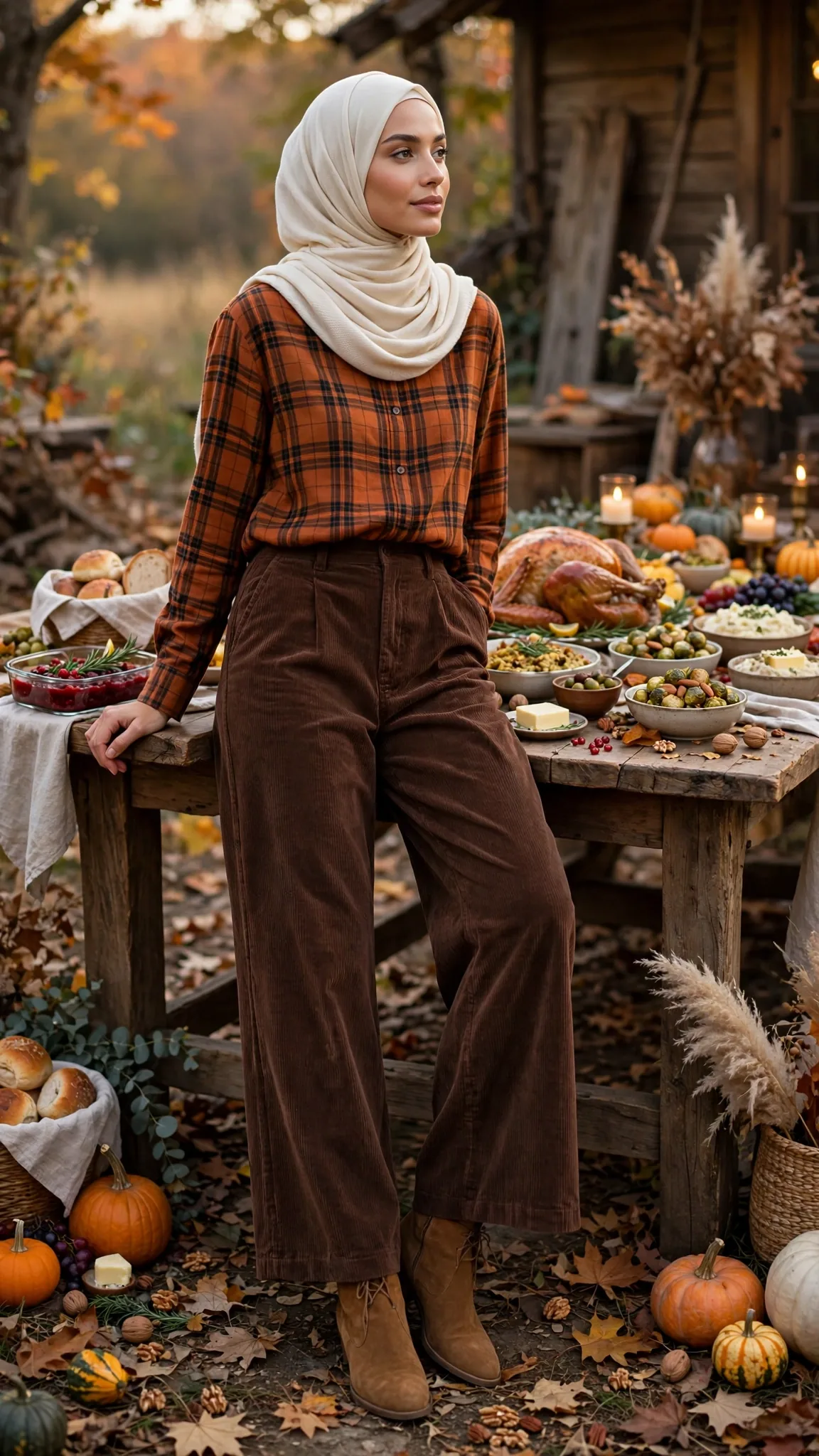 2. Flannel Shirt + Corduroy Wide-Leg Pants + Jersey Hijab