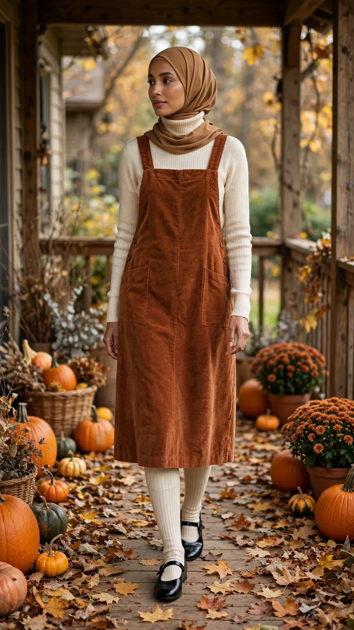 3. Corduroy Pinafore Dress + Turtleneck: A Standout Among Modest Thanksgiving Outfit Ideas