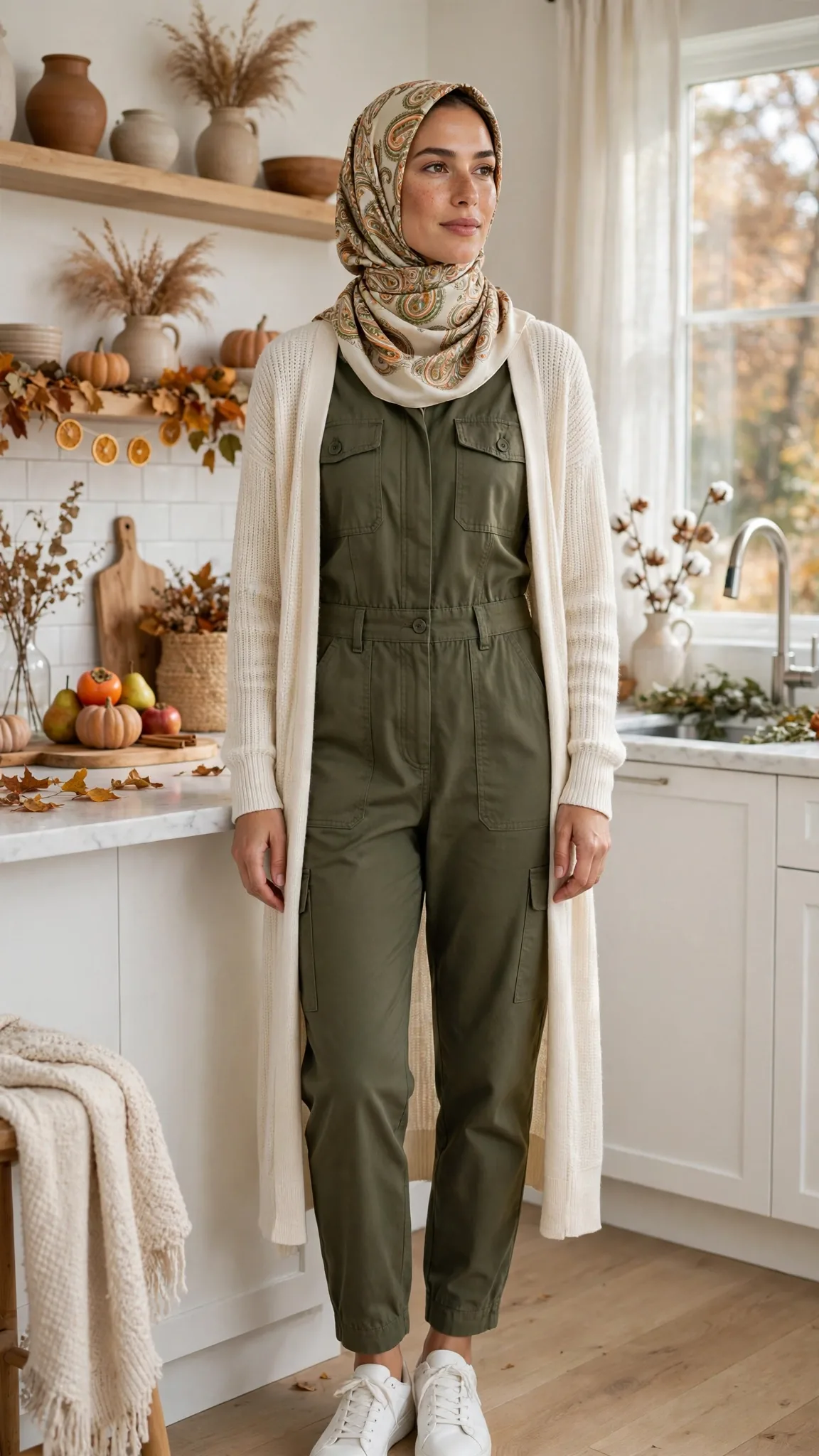 5. Utility Jumpsuit + Long Cardigan + Silk Scarf Hijab