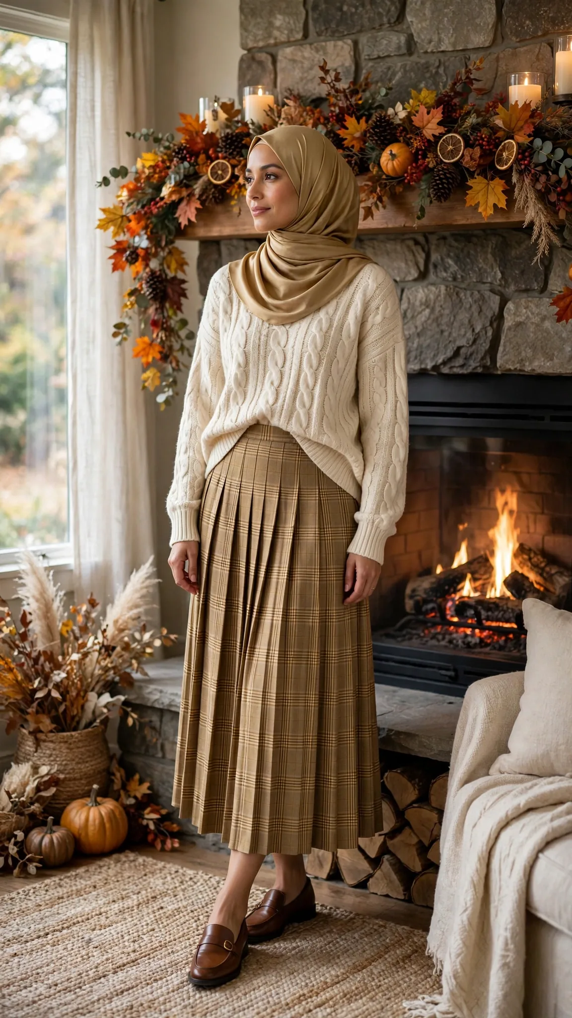 6. Cable Knit Sweater + Pleated Midi Skirt — A Favorite from Our Modest Thanksgiving Outfit Ideas