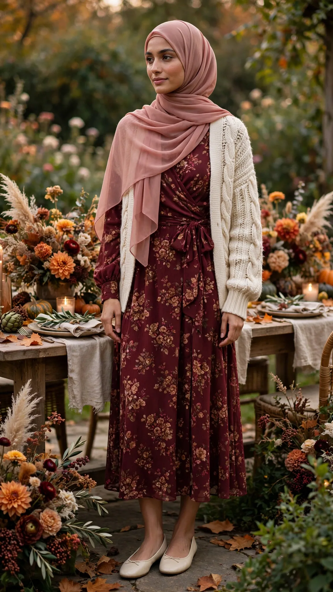 10. Wrap Midi Dress + Chunky Cardigan + Ballet Flats