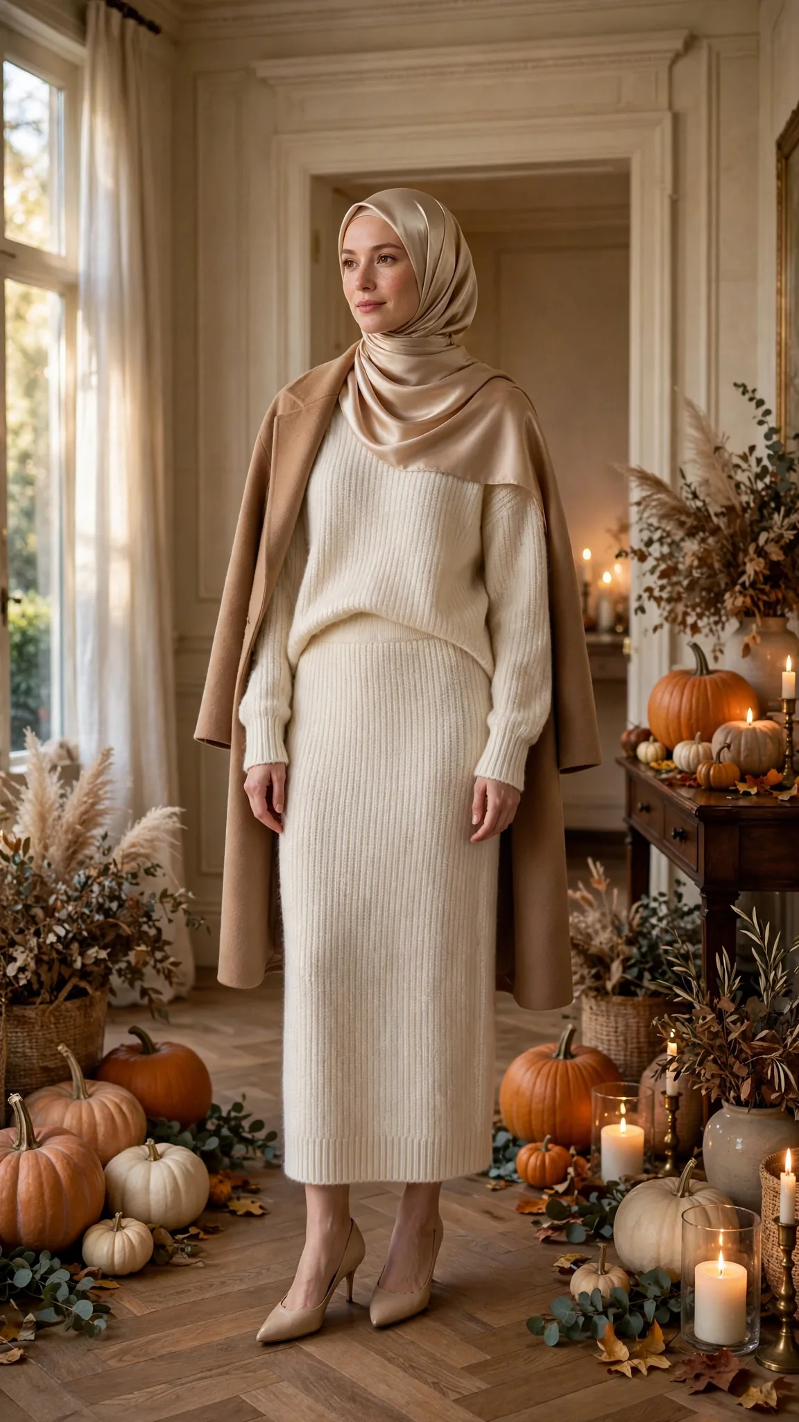 13. Tonal Cream Knit Set + Camel Coat — Among Our Top Modest Thanksgiving Outfit Ideas