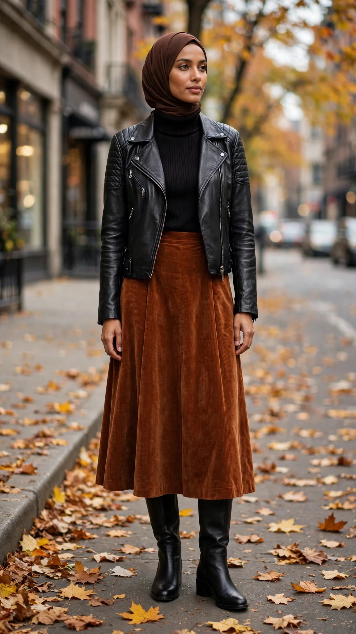 14. Corduroy Midi Skirt + Turtleneck + Moto Jacket