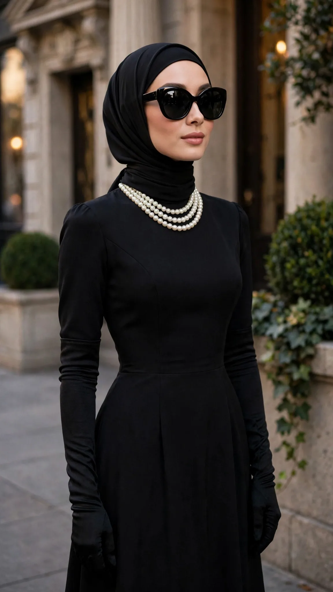 Hijab-friendly Halloween Costume Ideas – 1. Audrey Hepburn: Black Dress + Pearls + Black Hijab