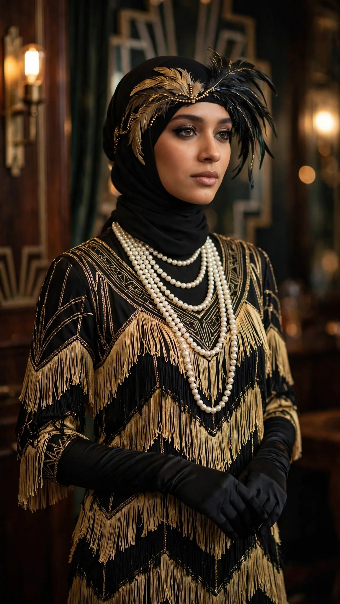 6. 1920s Flapper: Fringe Midi Dress + Feather Headband Over Hijab