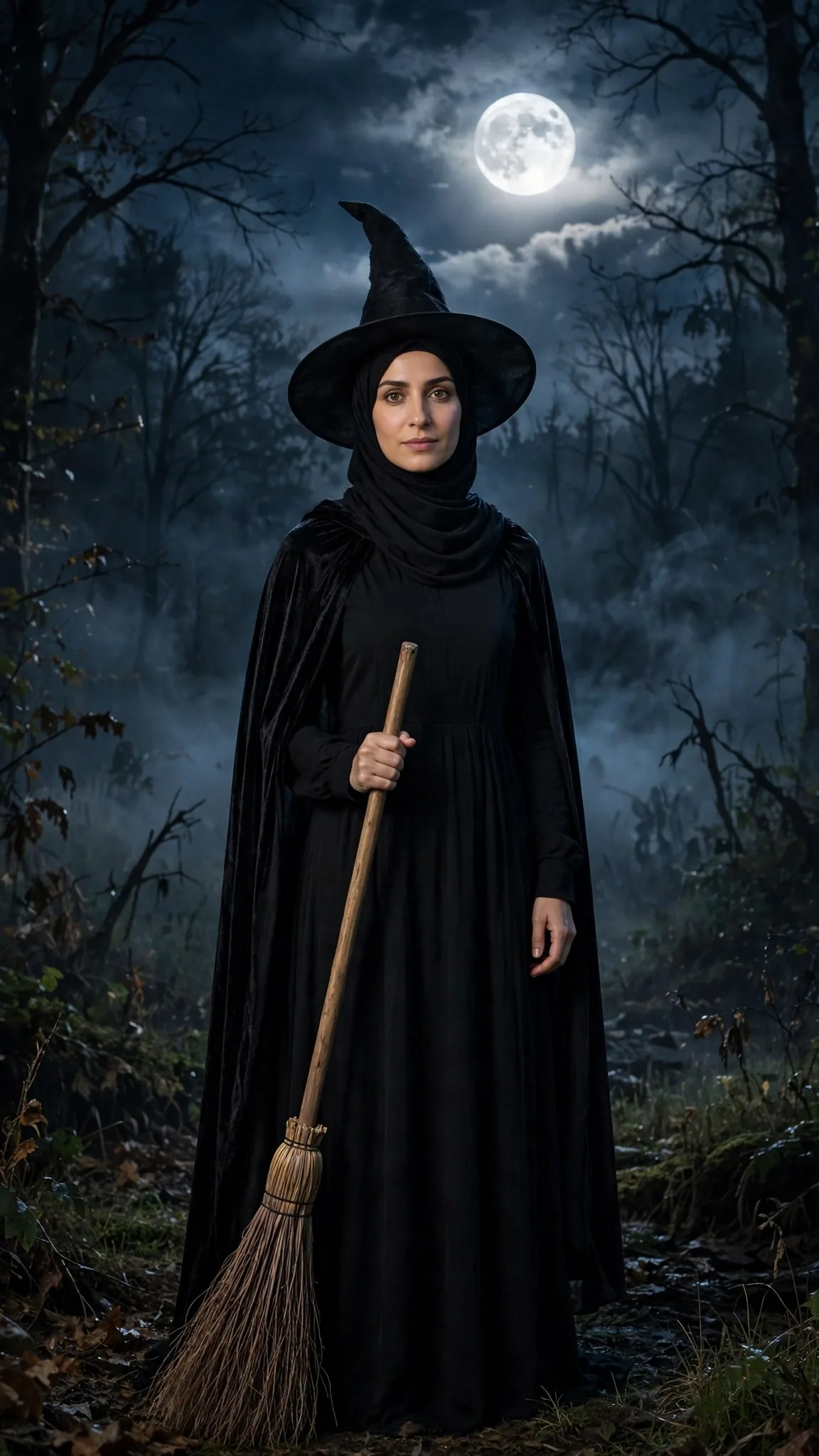 8. Witch: Black Maxi Dress + Pointed Hat Over Hijab + Cape