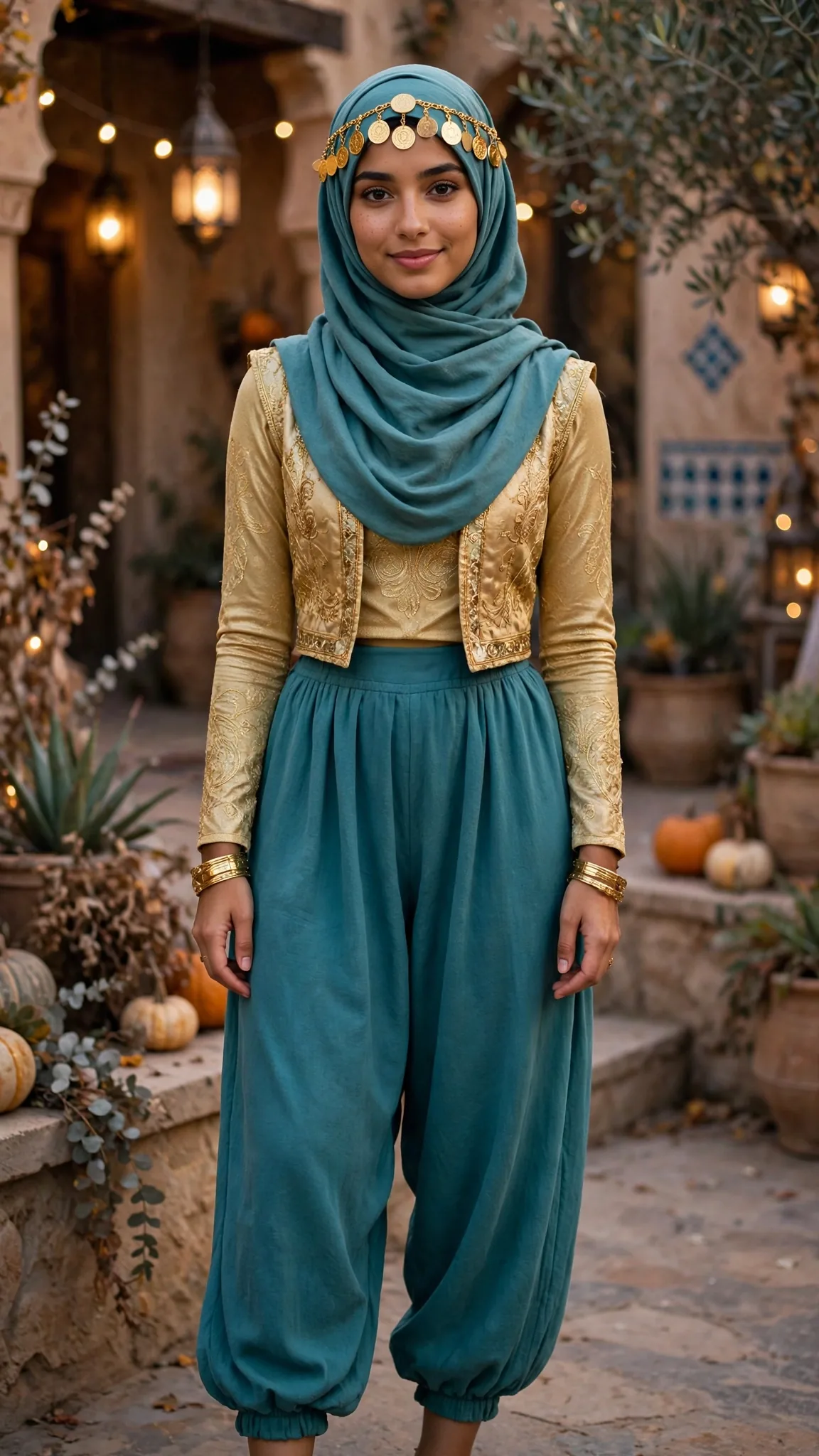 9. Princess Jasmine (Modest): Teal Harem Pants + Gold Vest + Teal Hijab