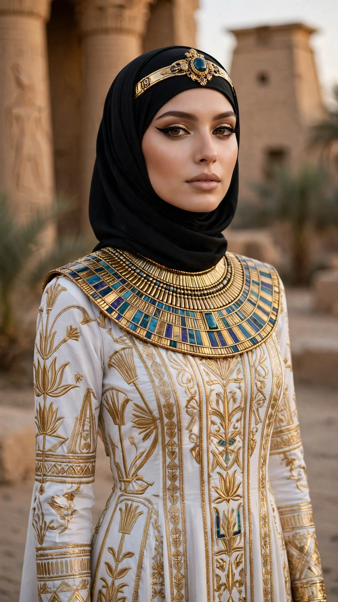 10. Cleopatra: White-and-Gold Maxi Dress + Gold Collar + Black Hijab