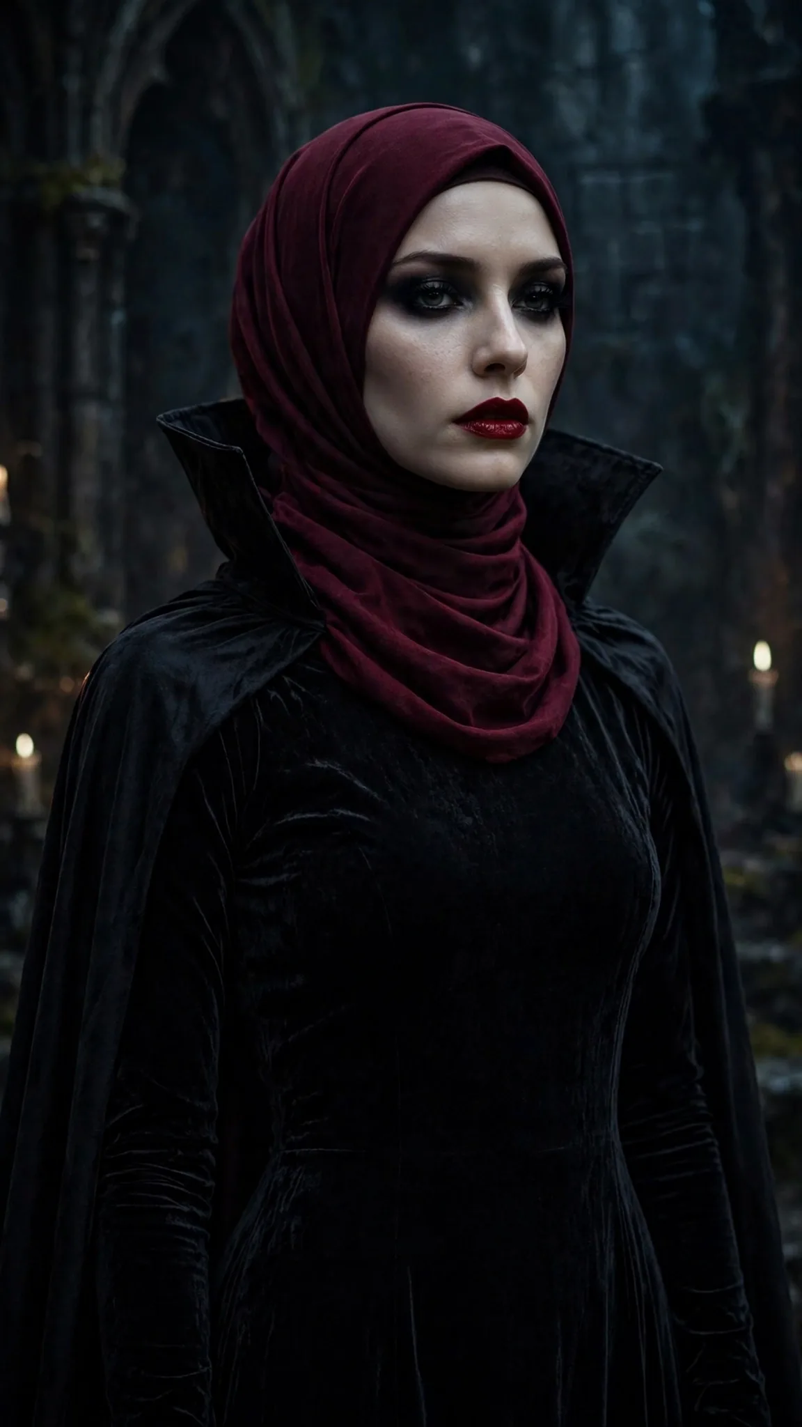 12. Vampire: Black-and-Red Dress + Cape + Dark Red Hijab