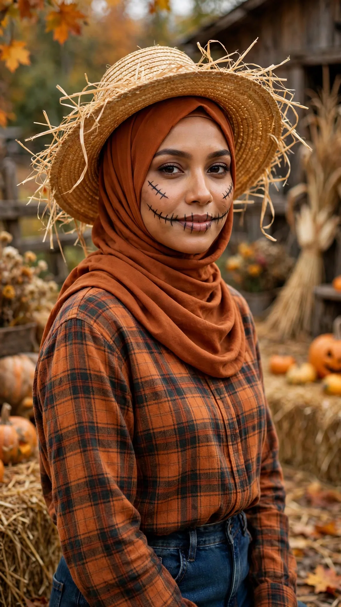 13. Scarecrow: Plaid Shirt + Overalls + Straw Hat Over Hijab