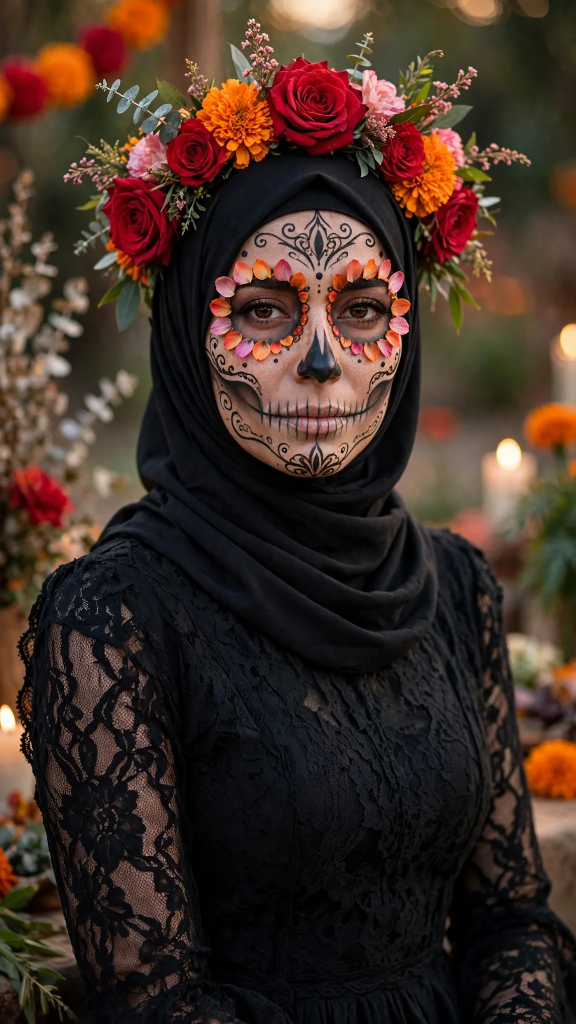 14. Day of the Dead Catrina: Black Dress + Floral Crown Over Hijab
