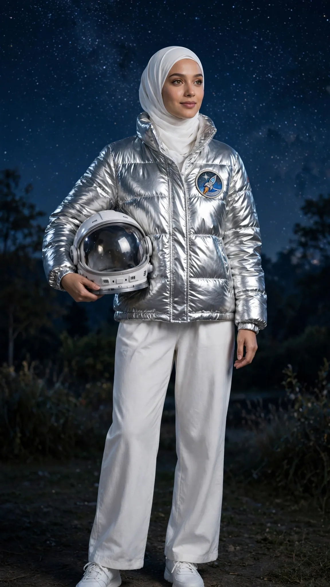 20. Astronaut: Silver Puffer Jacket + White Base + White Hijab + NASA Patch