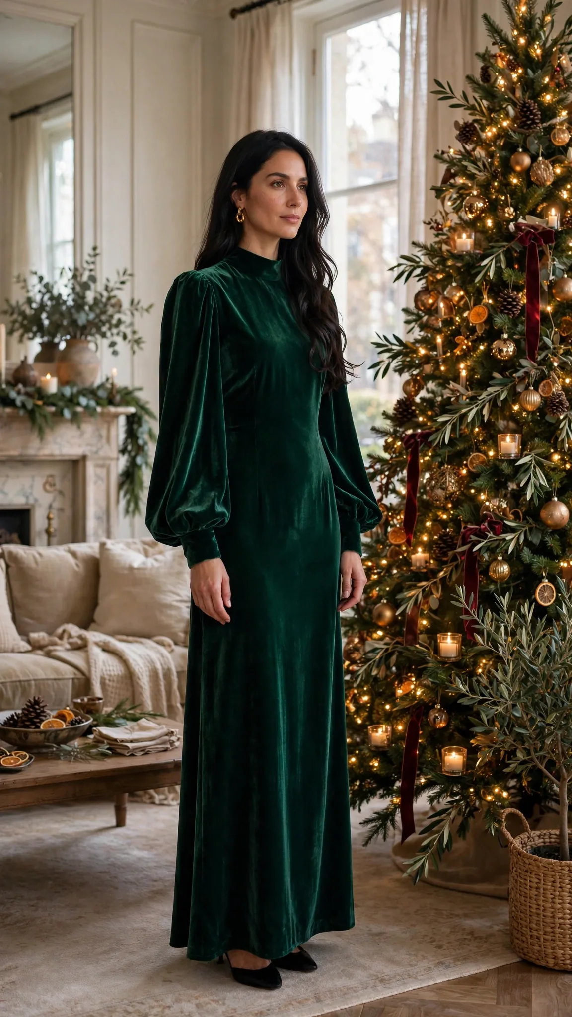 1. Emerald Velvet Maxi with Bishop Sleeves