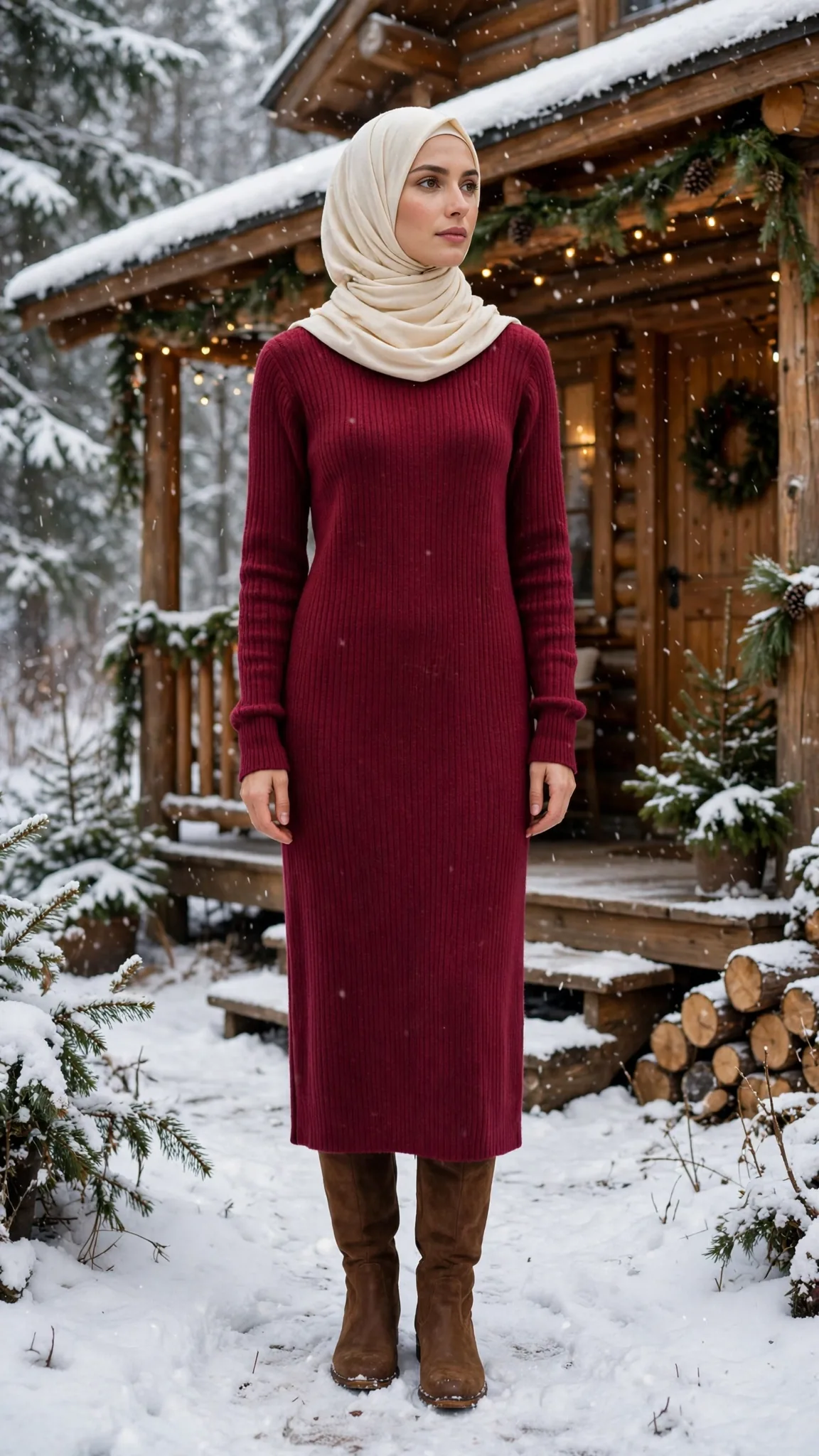 6. Cranberry Knit Sweater Dress with Long Sleeves