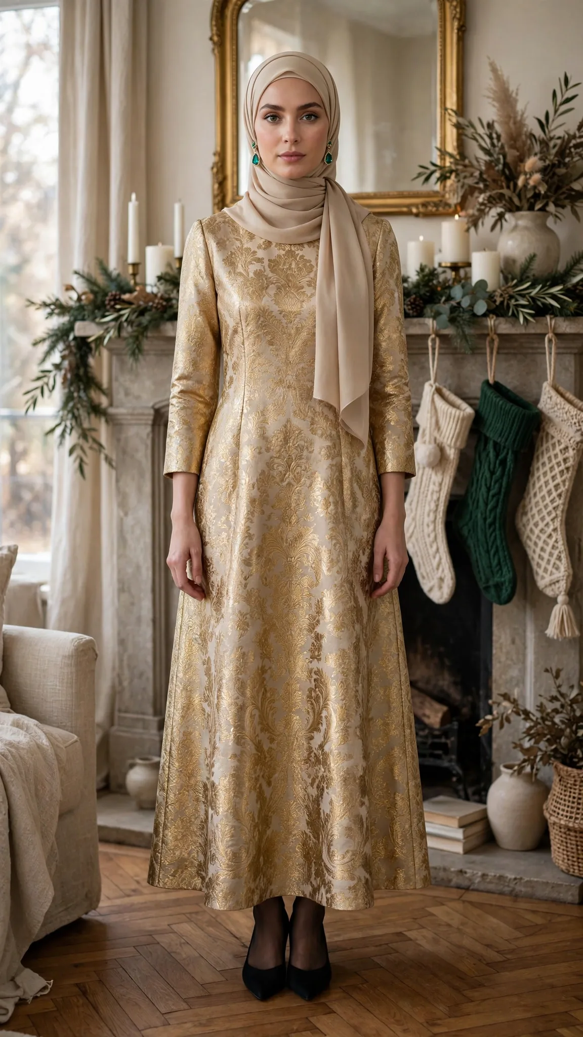 10. Gold Brocade A-Line with Three-Quarter Sleeves