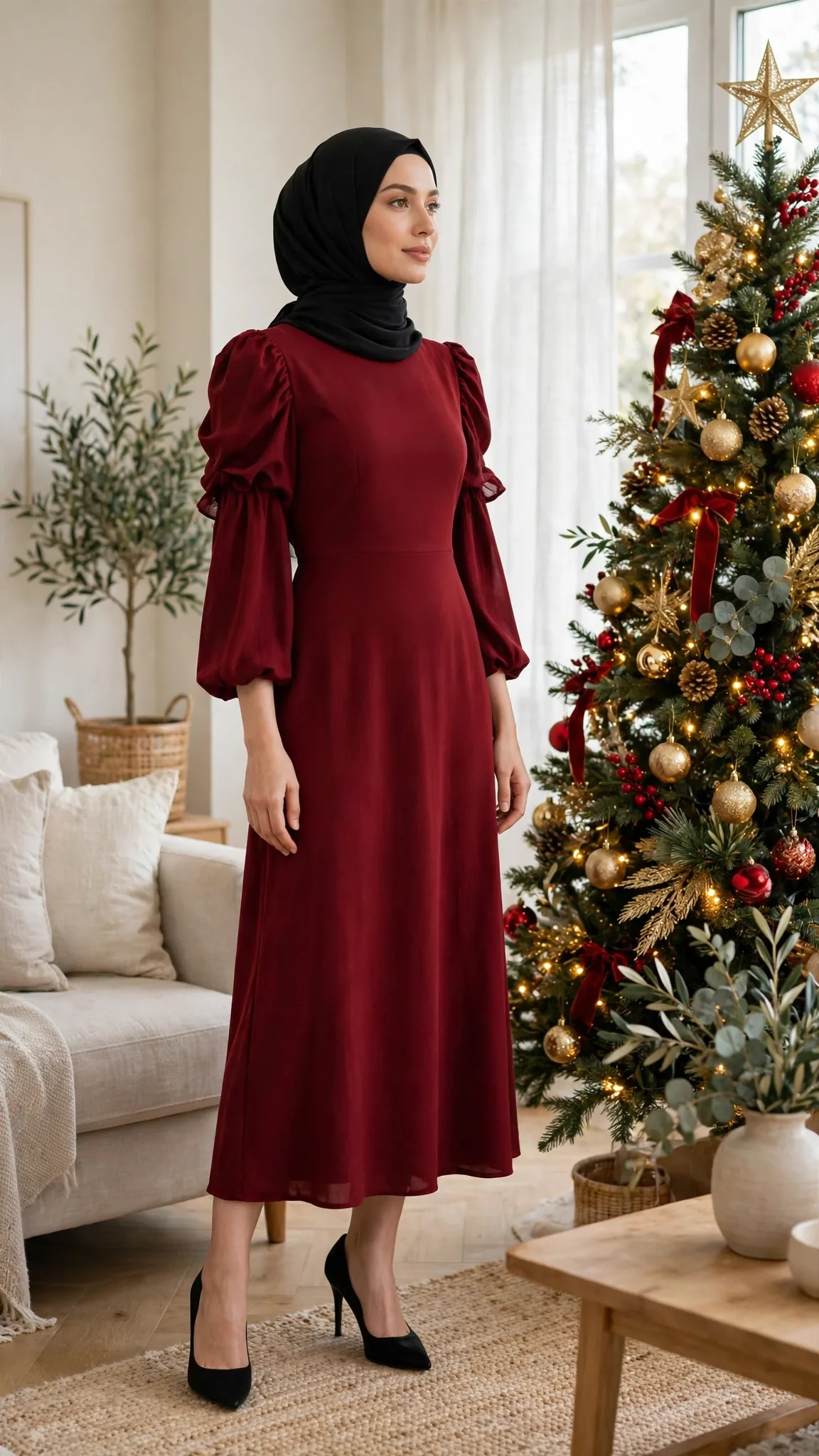 14. Deep Red Crepe Midi with Puff Sleeves