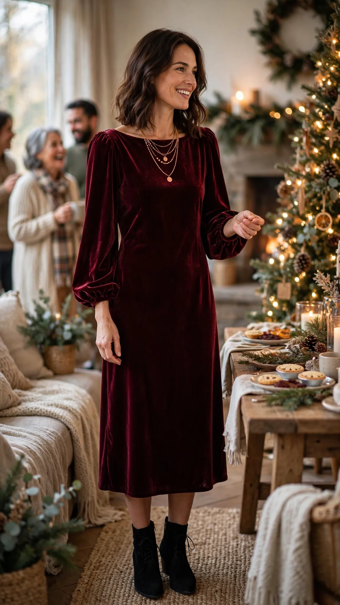 17. Wine Velvet Midi with Bishop Cuff Sleeves