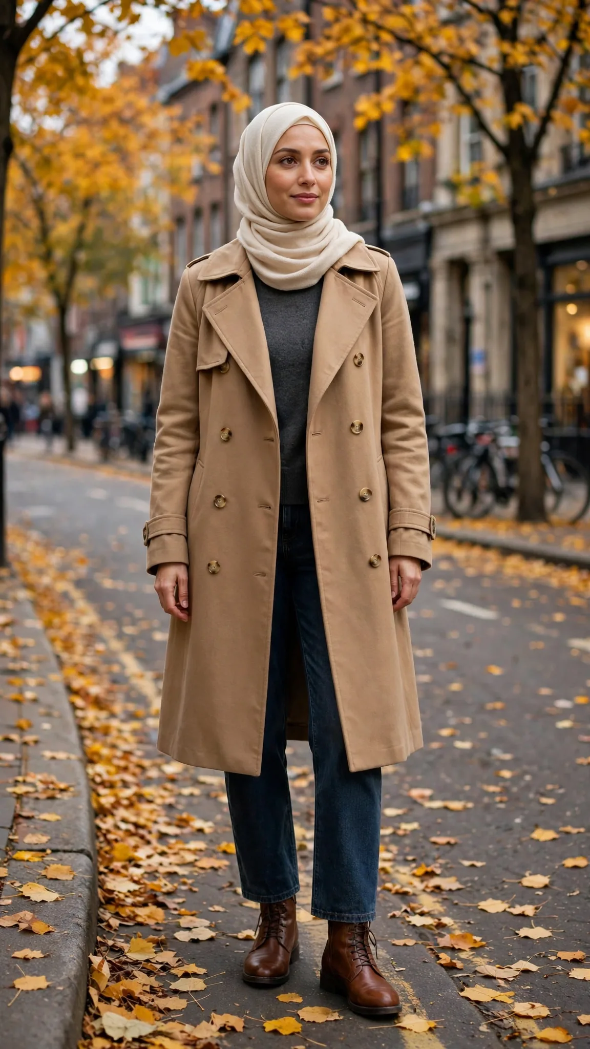 Modest Fall Outfits – 1. Camel Trench Coat + Cream Jersey Hijab + Straight-Leg Jeans