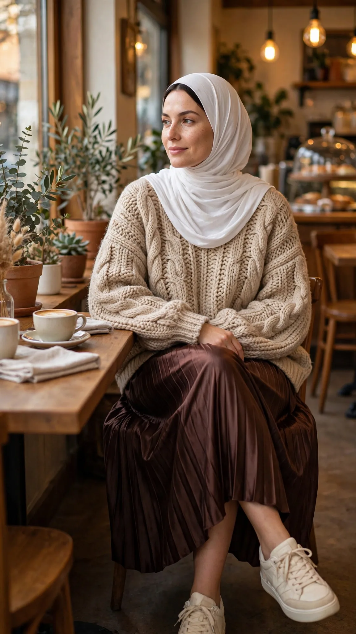 2. Oversized Beige Sweater + White Modal Hijab + Pleated Midi Skirt