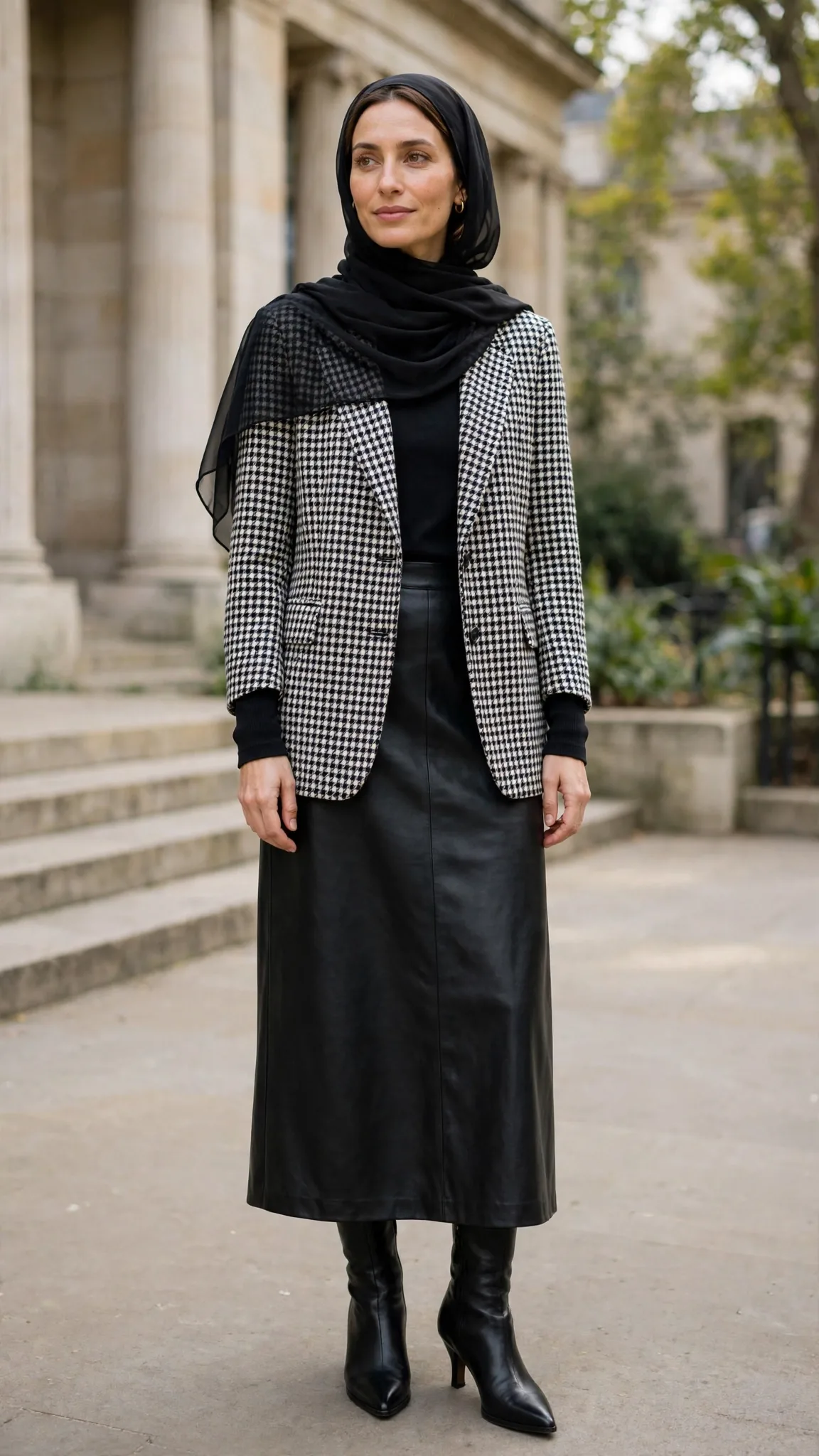 9. Houndstooth Blazer + Black Chiffon Hijab + Faux-Leather Midi Skirt