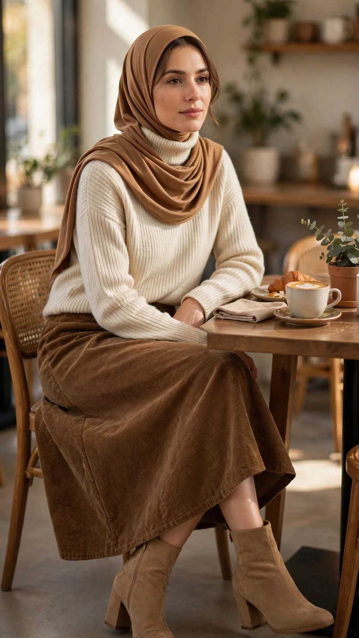 10. Cream Turtleneck + Caramel Hijab + Brown Corduroy Midi Skirt