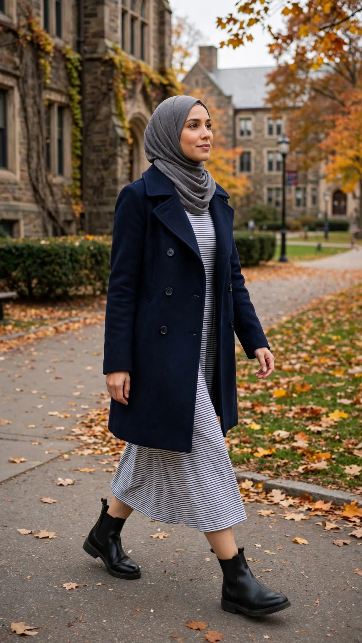 11. Navy Peacoat + Gray Jersey Hijab + Striped Long-Sleeve Midi Dress