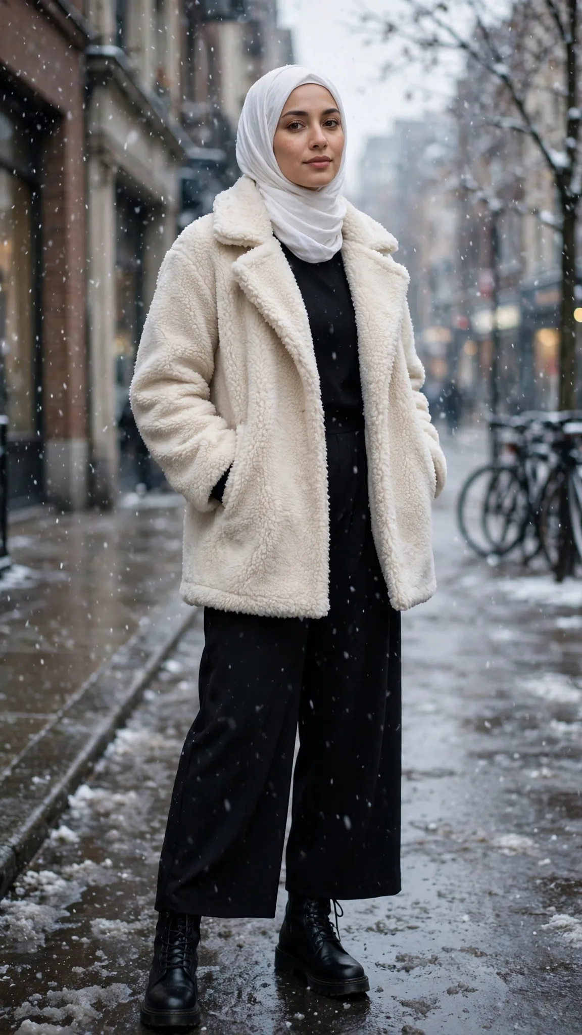 12. Teddy Coat + White Hijab + All-Black Base Layers