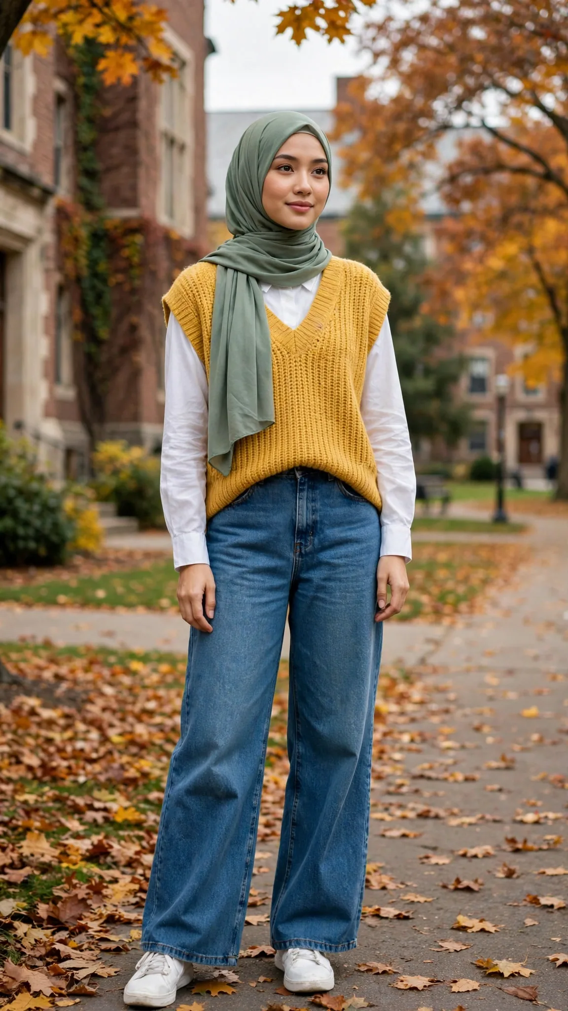 13. Mustard Knit Vest + White Shirt + Sage Hijab + Wide-Leg Jeans
