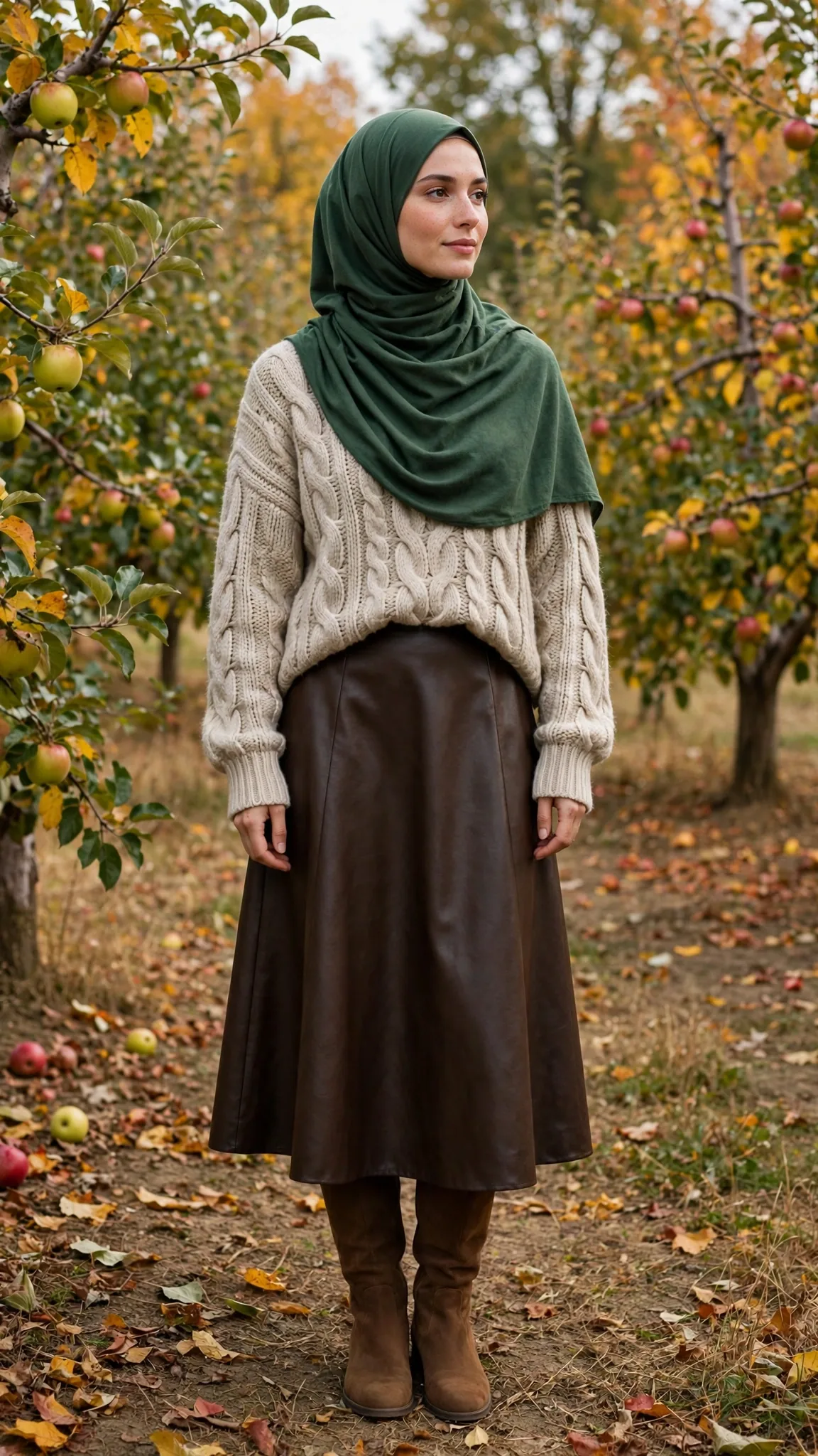 15. Chunky Knit Sweater + Forest Green Hijab + Faux-Leather Midi Skirt