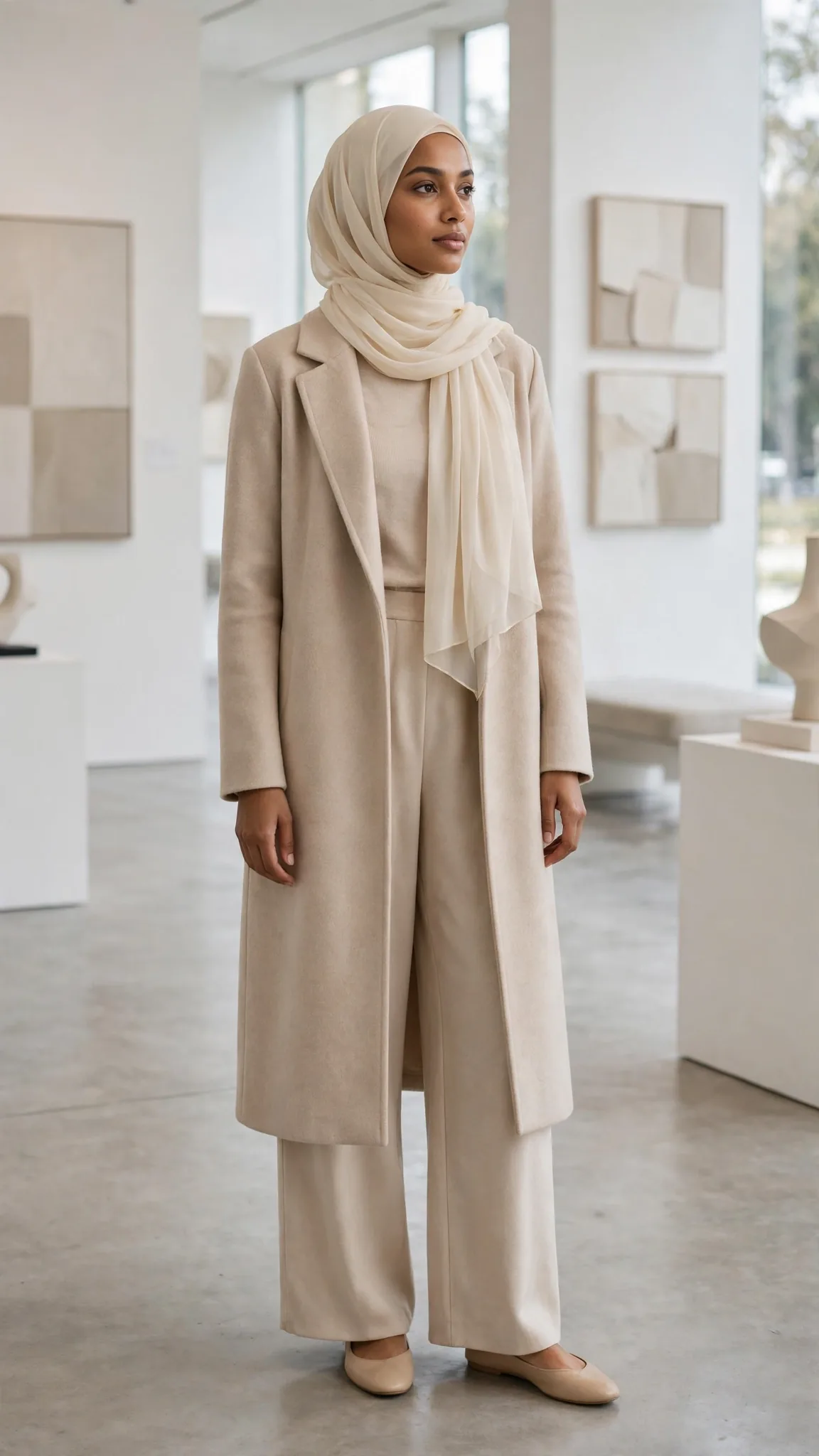 16. Longline Wool Coat + Cream Hijab + Monochrome Beige Layers