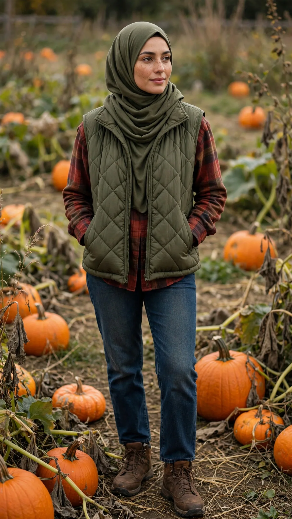 17. Quilted Vest + Flannel Shirt + Olive Hijab + Dark-Wash Jeans