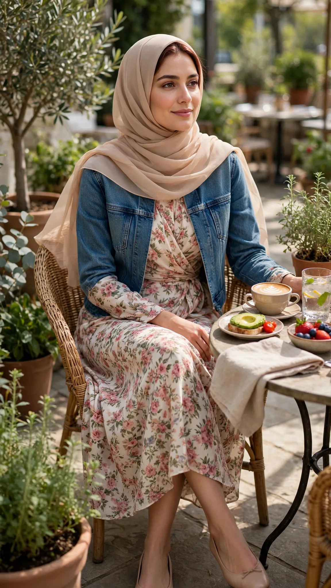 18. Floral Wrap Midi Dress + Denim Jacket + Nude Chiffon Hijab