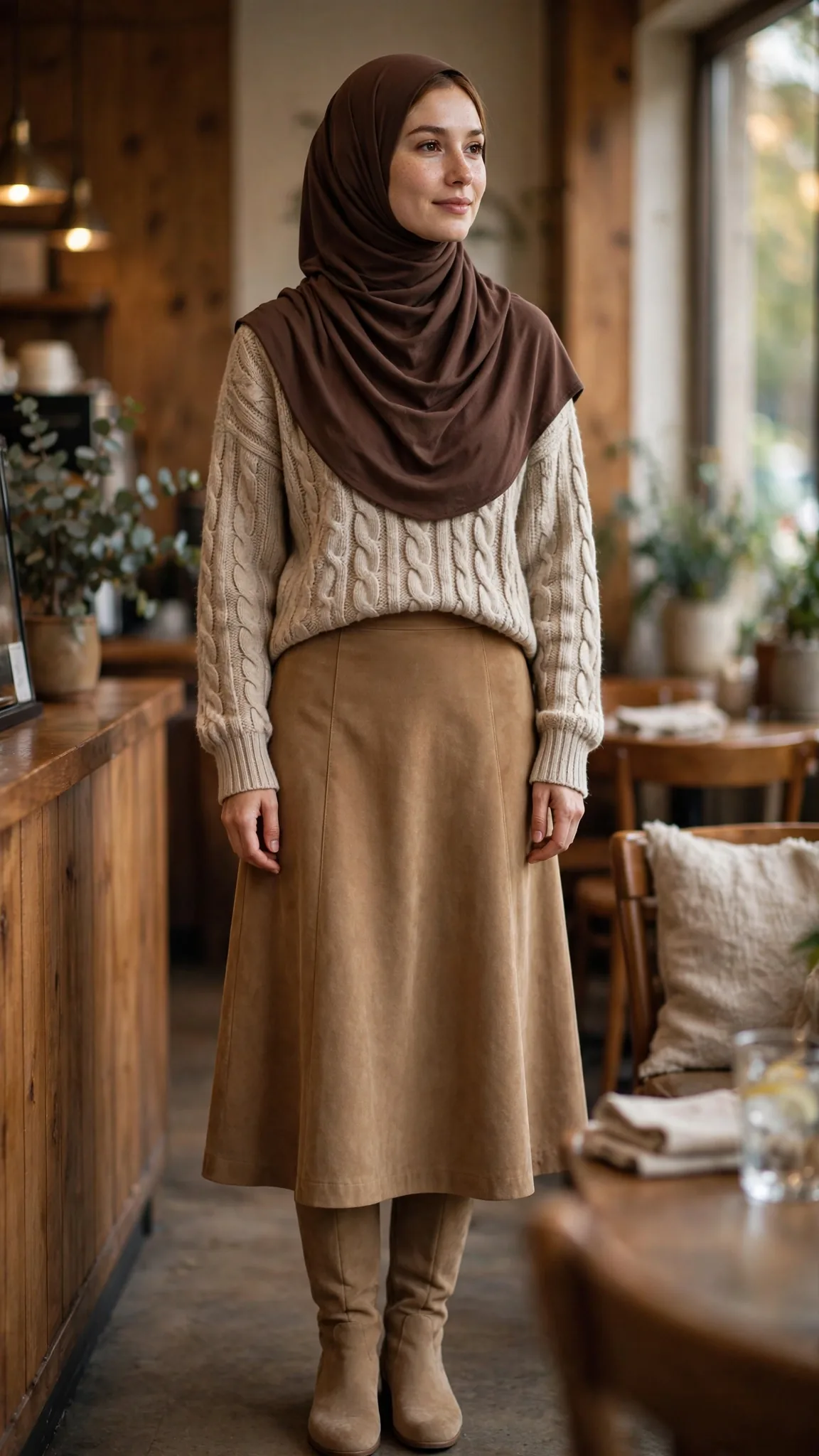 19. Cable-Knit Sweater + Chocolate Brown Hijab + Suede Midi Skirt