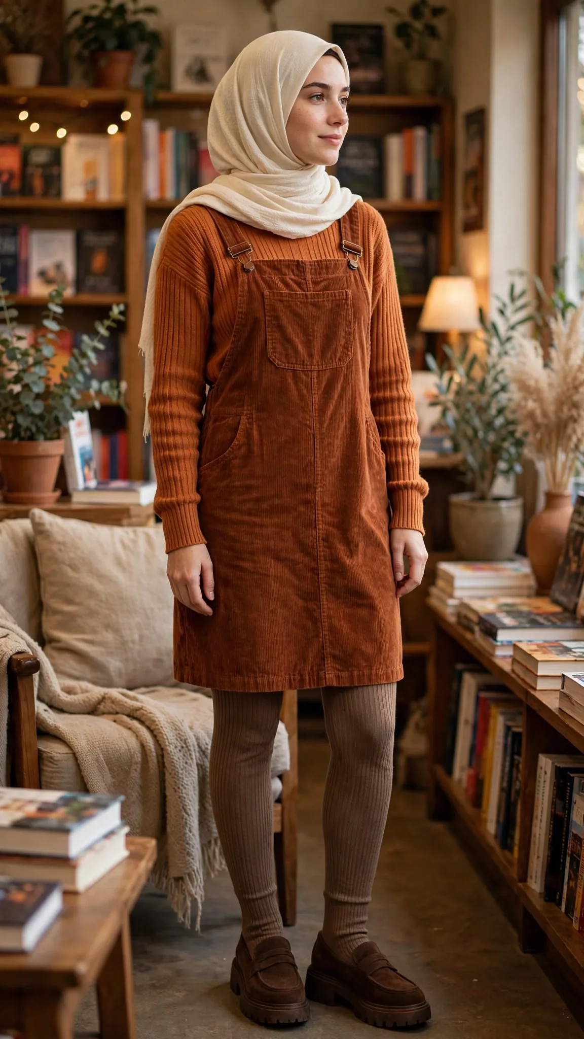 21. Pumpkin-Spice Knit + Cream Hijab + Corduroy Pinafore Dress
