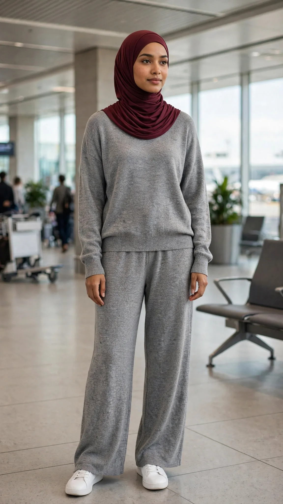 22. Gray Sweater Set + Burgundy Hijab + Clean White Sneakers