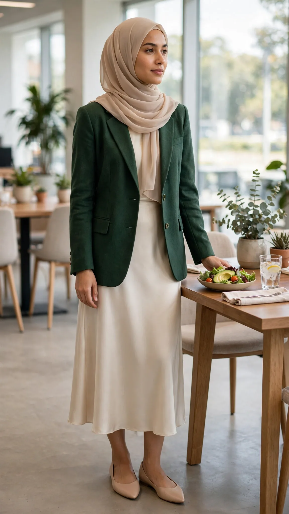 23. Forest Green Blazer + Beige Hijab + Cream Satin Midi Skirt