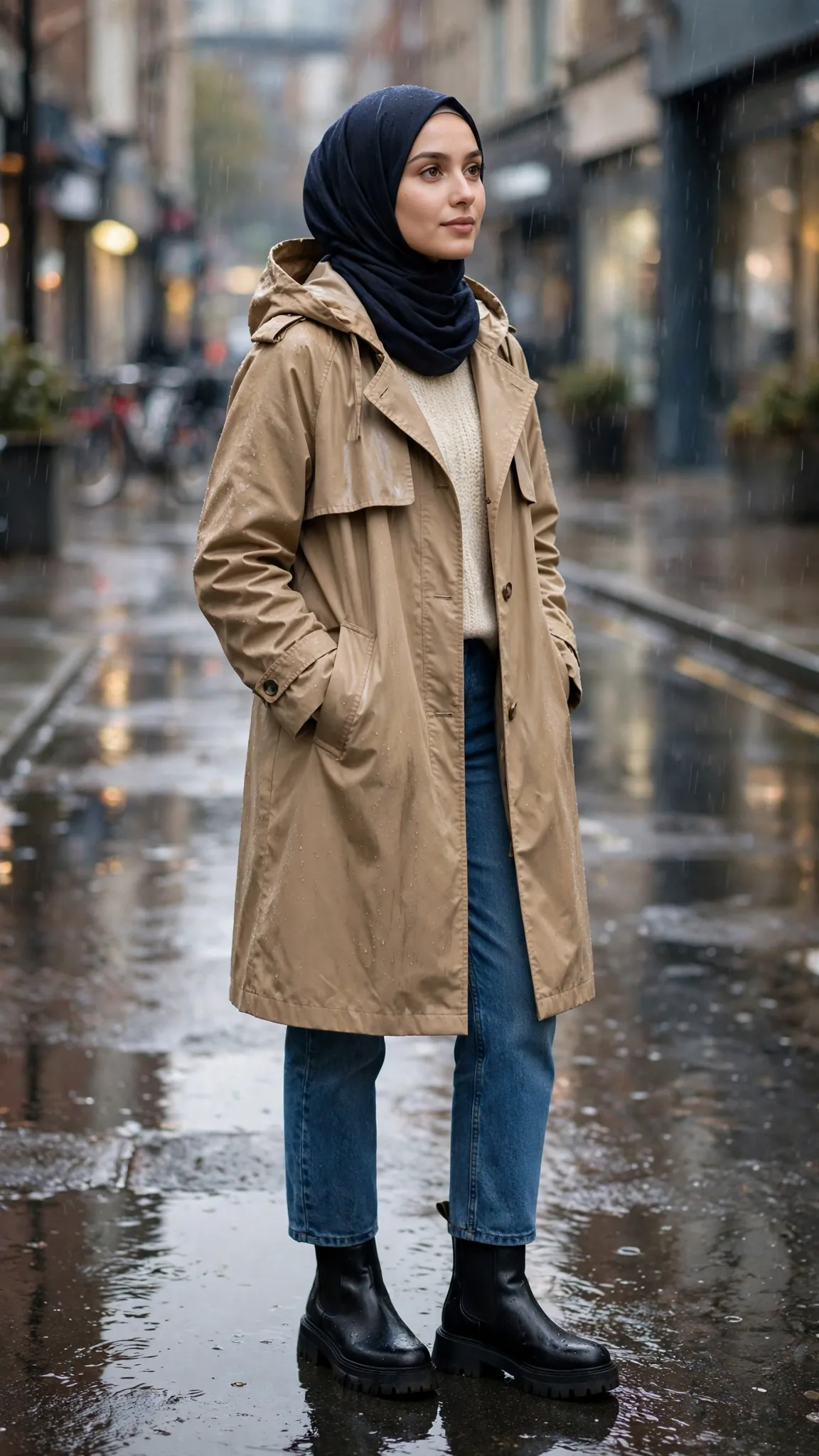 25. Rainy-Day Formula: Waterproof Trench + Jersey Hijab + Chelsea Boots