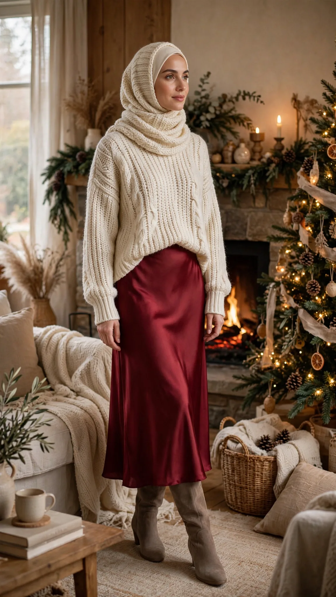 8. Wine Satin Skirt With a Chunky Cream Knit