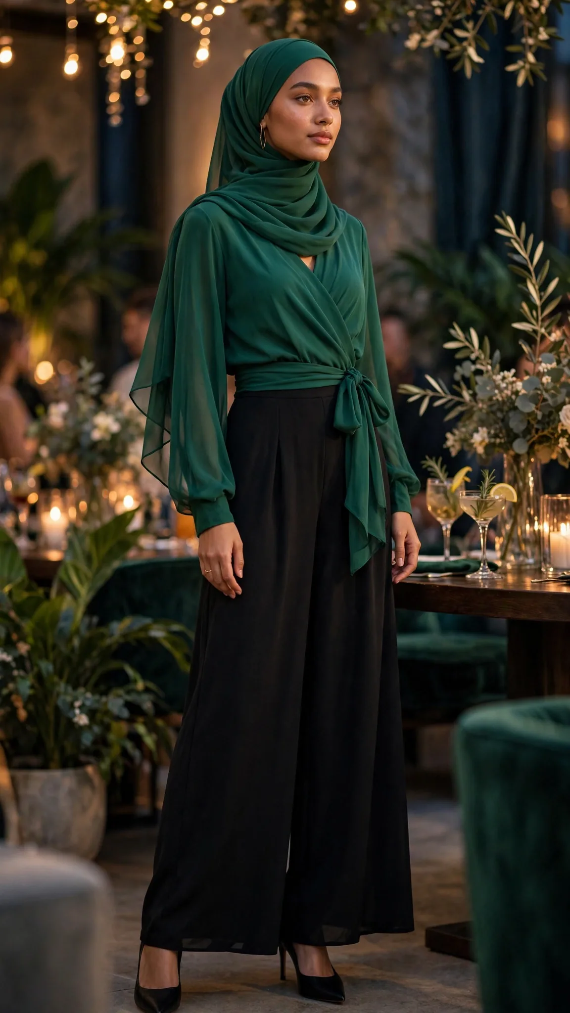 9. Emerald Wrap Top With Black Palazzo Pants