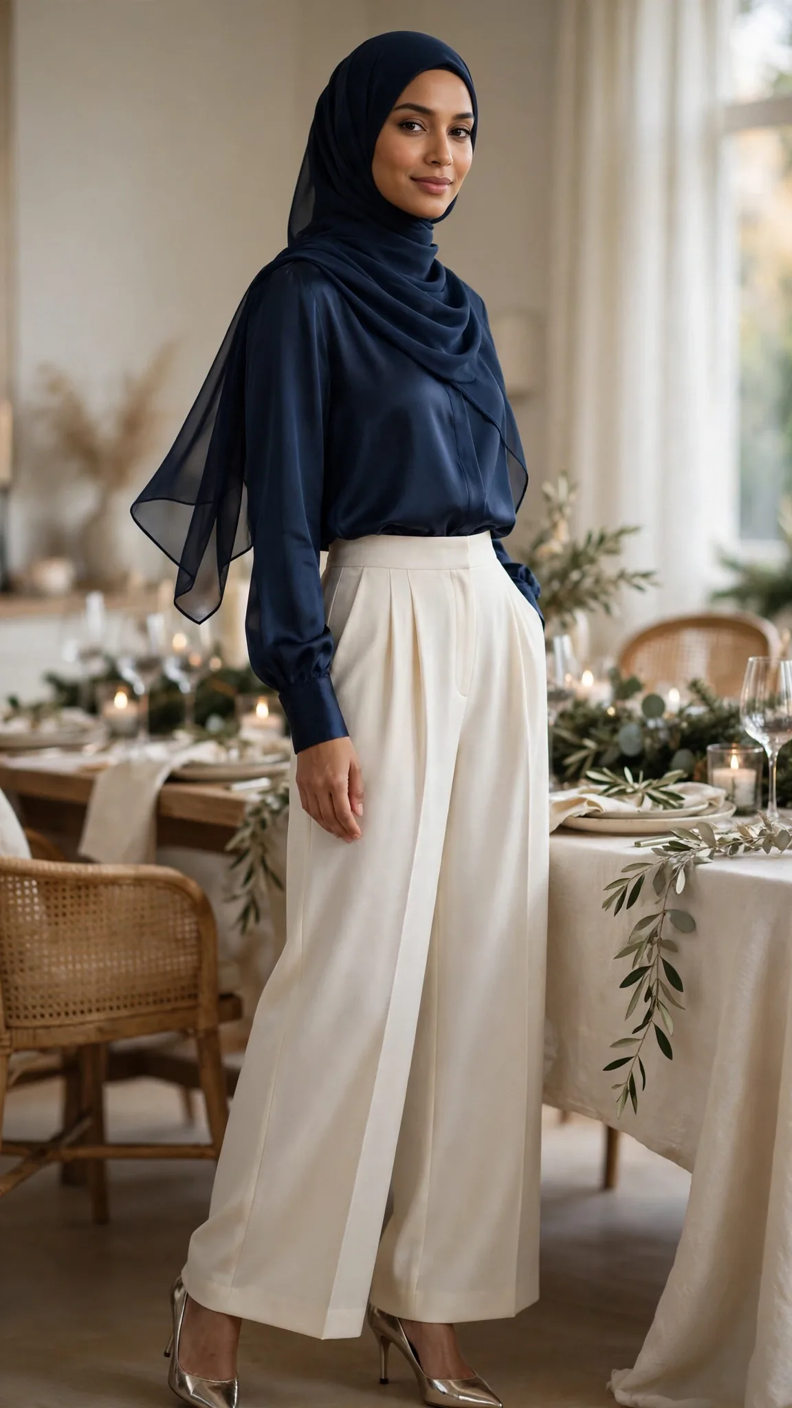 13. Midnight Satin Blouse With Ivory Wide Leg Trousers