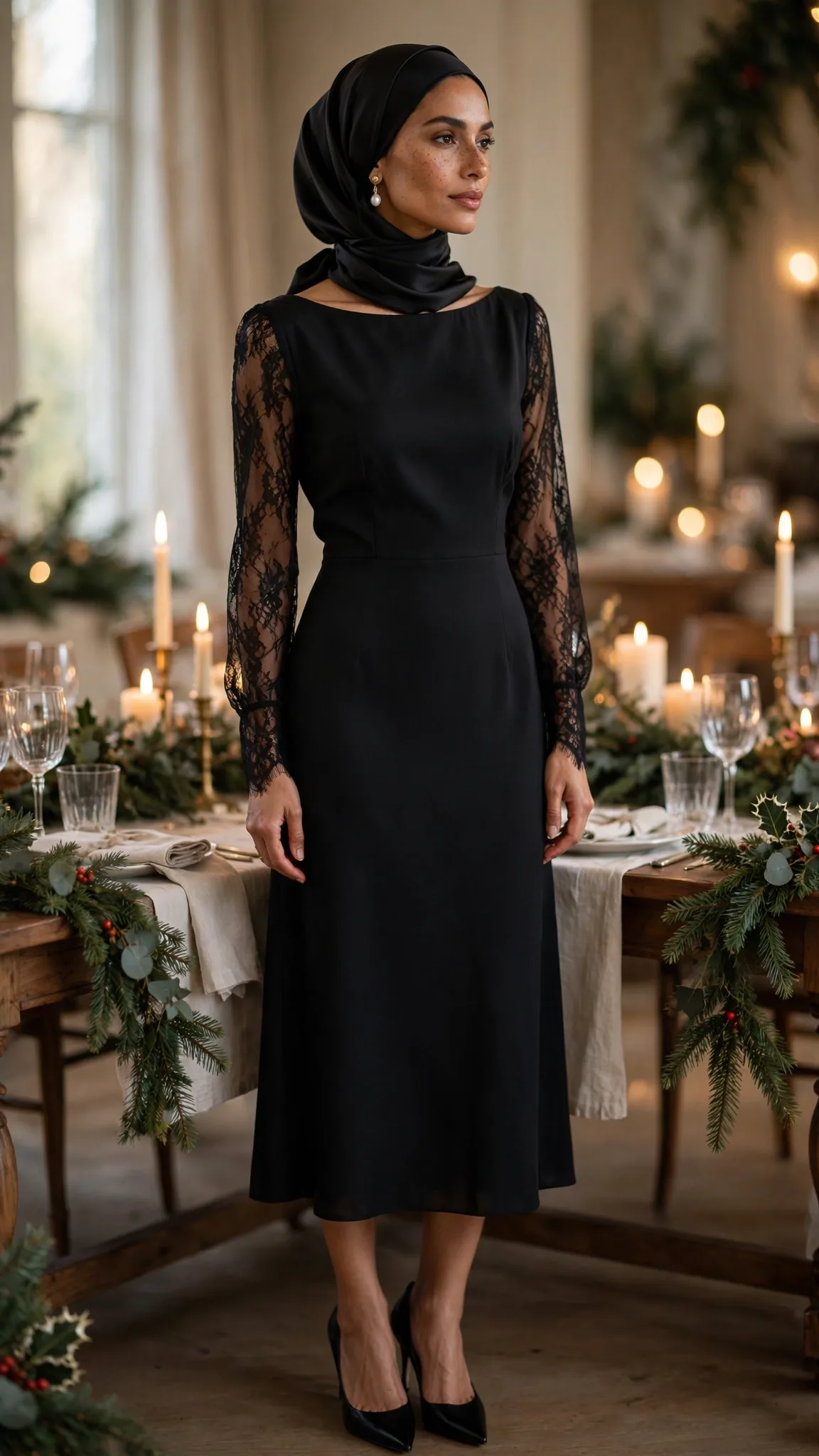 15. Black Midi Dress With Lace Sleeves