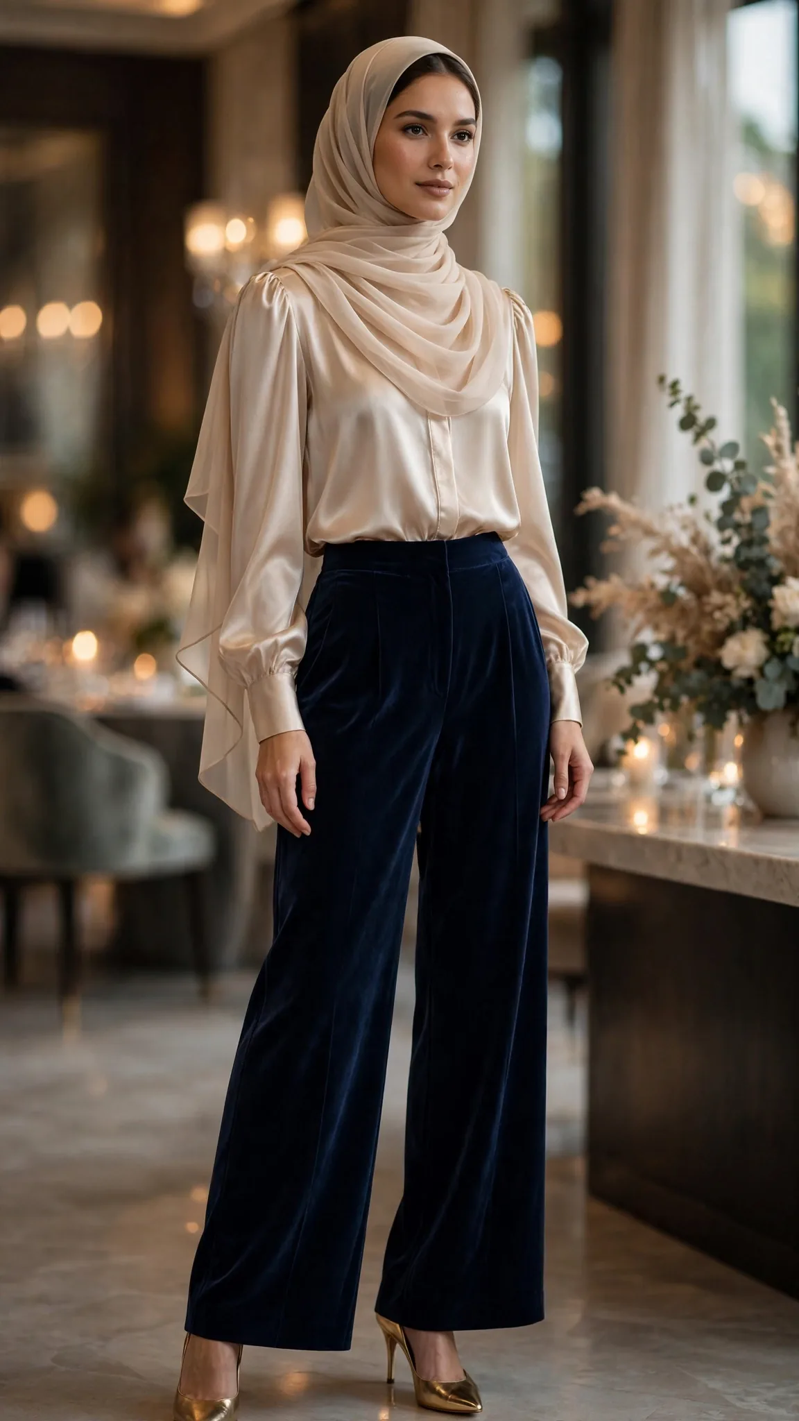 18. Navy Velvet Trousers With Champagne Blouse
