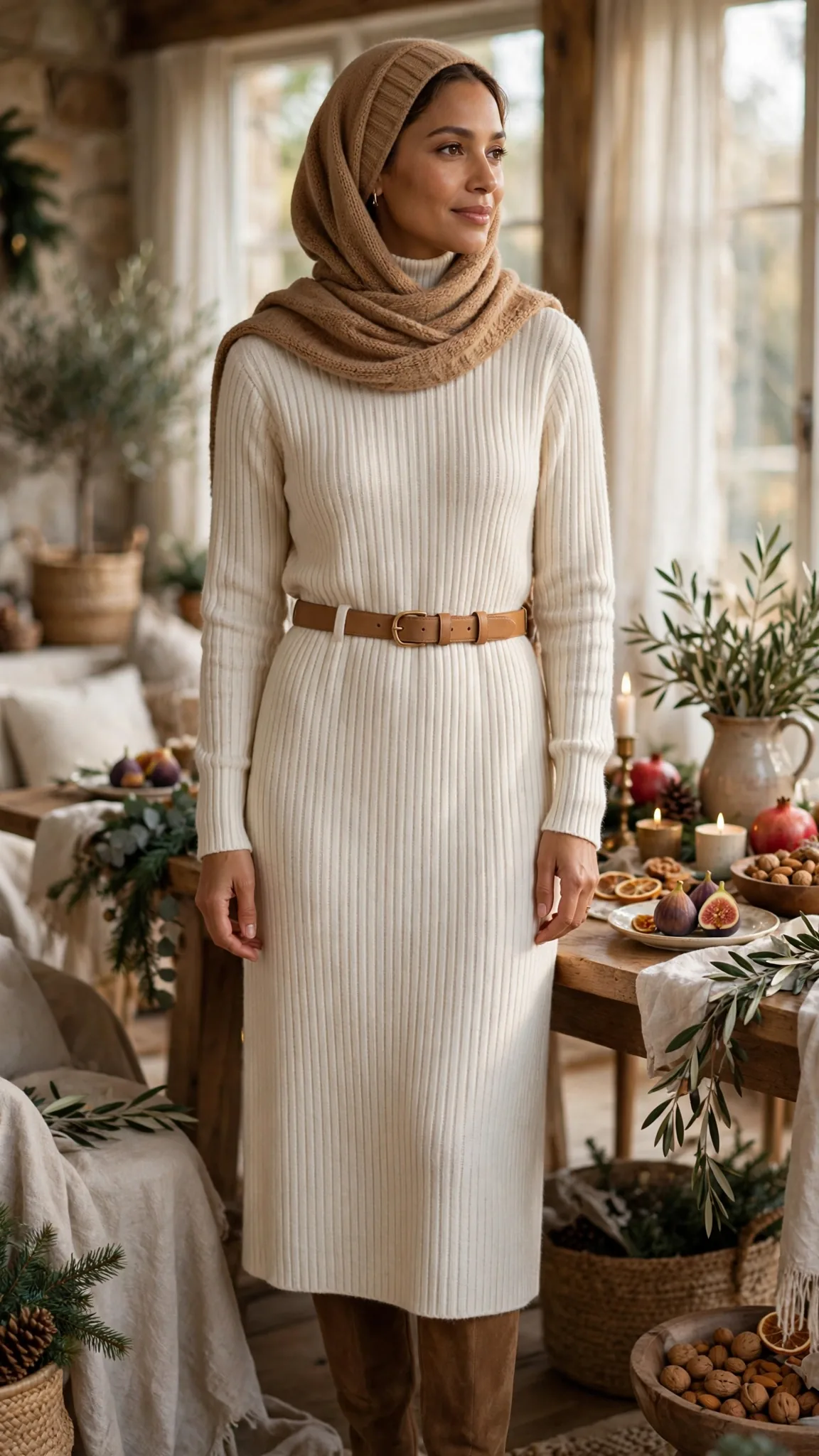 19. Ivory Knit Midi Dress With Full Sleeves