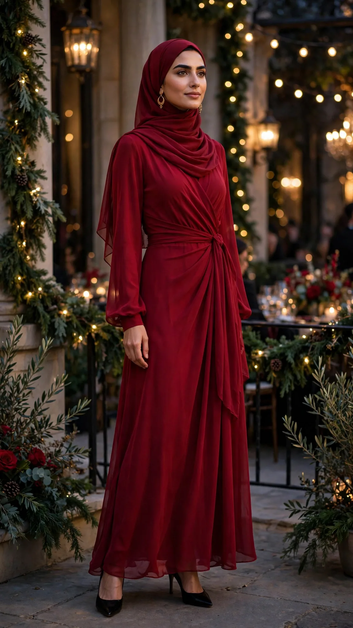 20. Deep Red Wrap Maxi: A Modest Holiday Party Outfit Standout