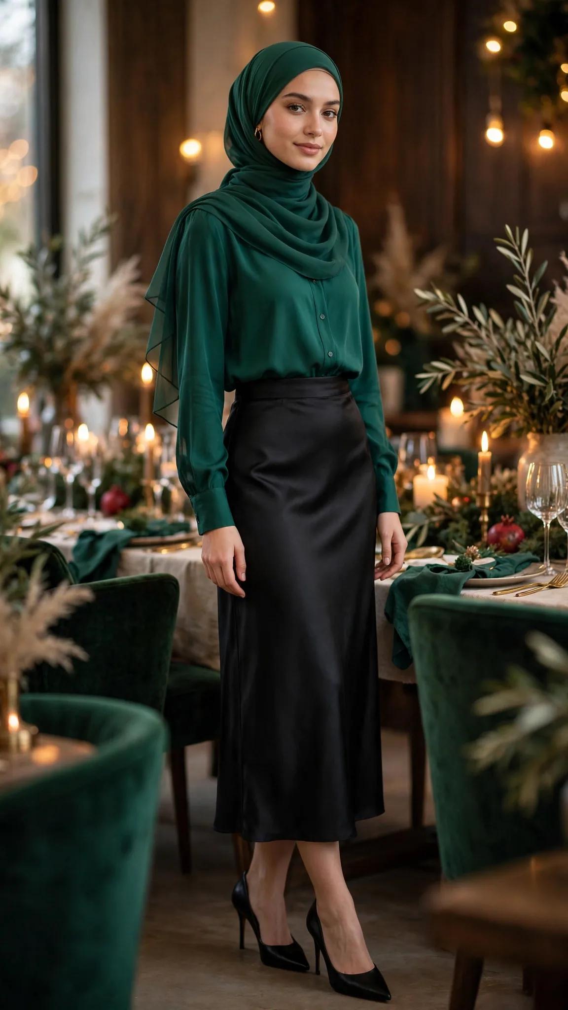 21. Black Satin Skirt With Emerald Green Blouse