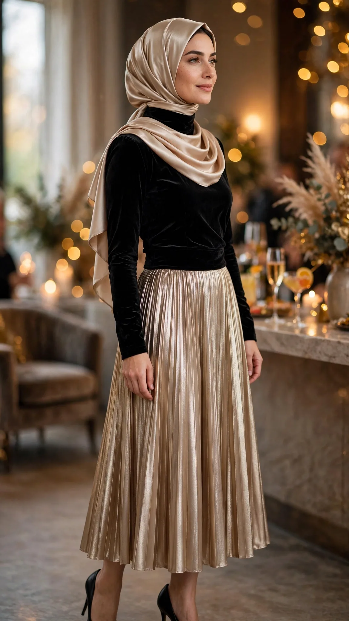 23. Champagne Pleated Skirt With Black Velvet Top