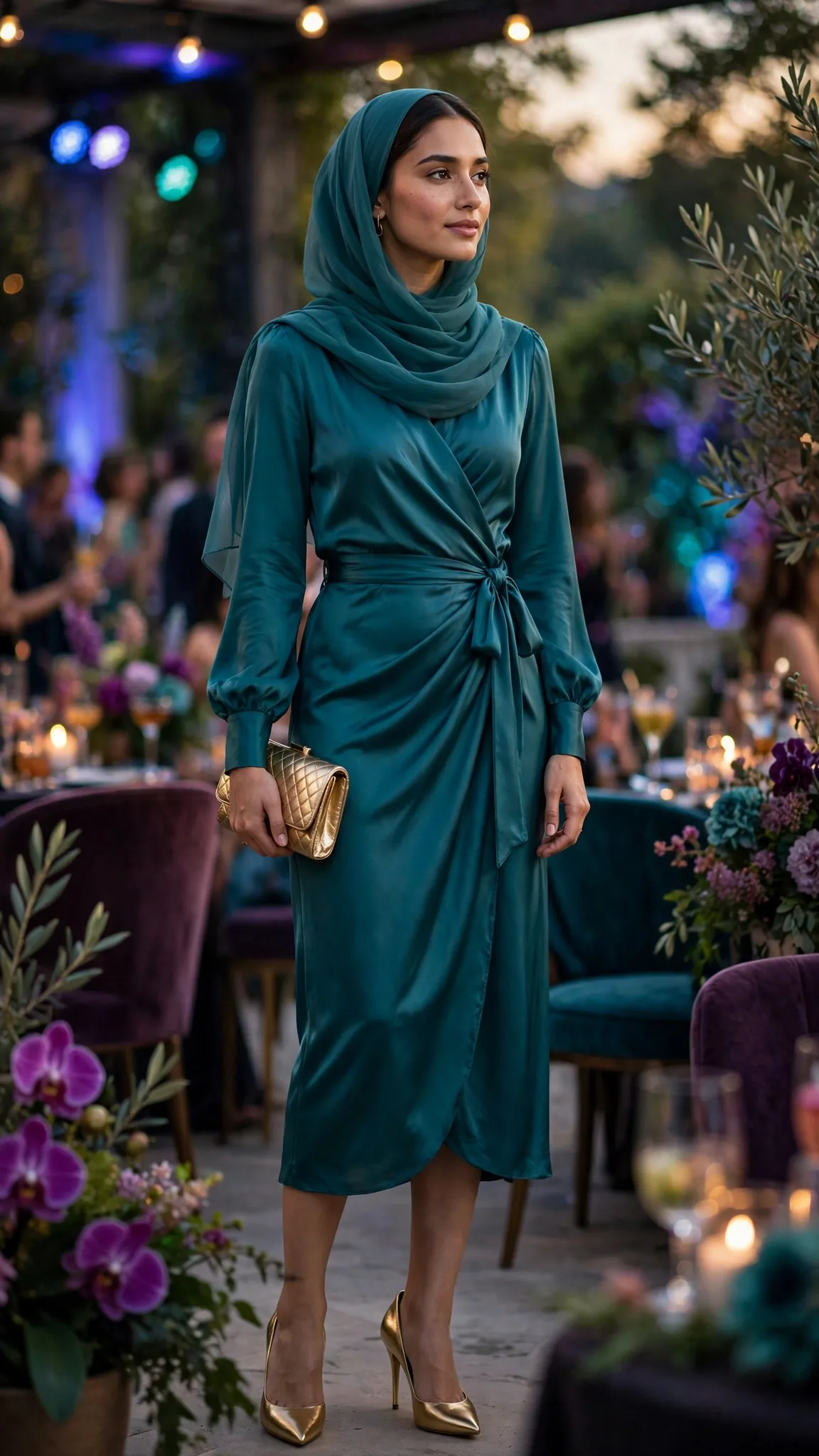 27. Teal Satin Wrap Dress With Long Sleeves